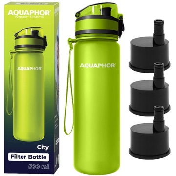 Butelka Filtr Bidon AQUAPHOR CITY 500ml Zielona Zestaw 3 Wkłady Węglowe