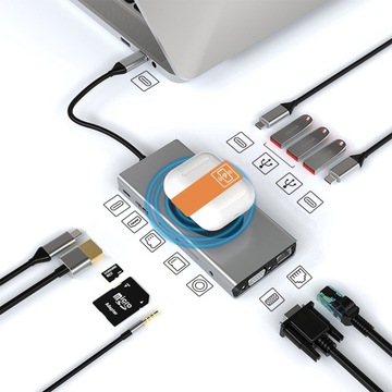 Stacja dokująca z adapterem koncentratora 13×USB 4K VGA HDMI USB 3.0 Ładowanie bezprzewodowe