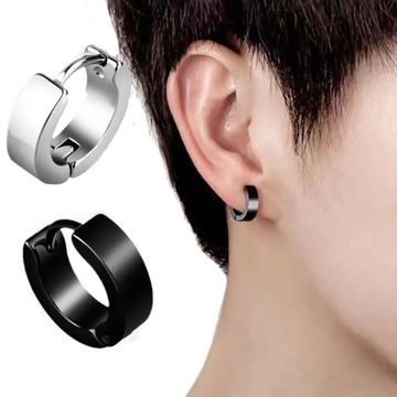 KOLCZYKI MĘSKIE KÓŁKA HUGGIE 2 SZTUKI BLACK SILVER STAL CHIRURGICZNA