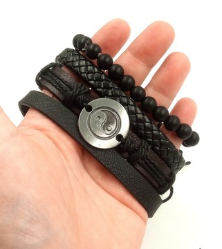 4 Bransoletki Męskie Bransoletka Yin Yang regulowane czarne Tao Azja skóra