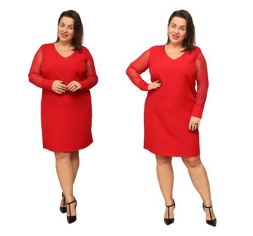 Piękna sukienka PLUS SIZE. Siateczkowe rękawy. Polska. Czerwona 3XL