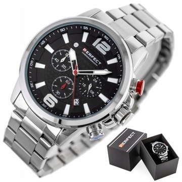 ZEGAREK MĘSKI PERFECT BOLTON +BOX +GRAWER CHRONOGRAF DATOWNIK STALOWY