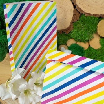 10 x Torebki PAPIEROWE 16x8x27cm KOLOROWE w PASKI KLOCKOWE NA SŁODYCZE