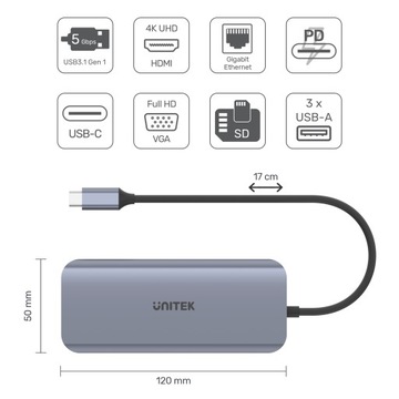 Концентратор Unitek USB-C 3xUSB 3.1 PD HDMI SD VGA RJ45