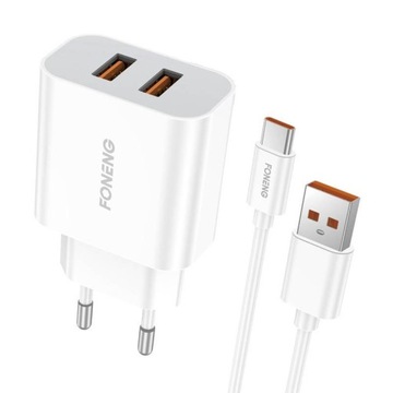 Foneng Ładowarka sieciowa EU45 - 2xUSB - 2,4A z kablem USB na Typ C biała