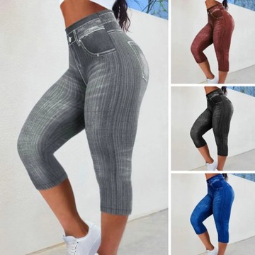 Women Cropped Pants Stretch Fitness Fake Pockets H