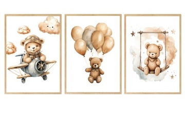 A3 30,00 x 40,00 cm SAME PLAKATY MIŚ SAMOLOT BALONY 02 BOHO BEŻOWE 3 SZT