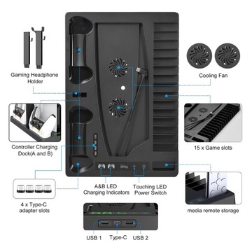 Stojak Podstawka Chłodząca do konsoli PS5 FAT Ładowarka 2x DualSense USB