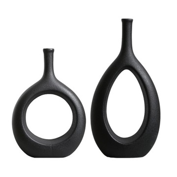 Set of 2 Ceramic Hollow Flower Vases Modern Black