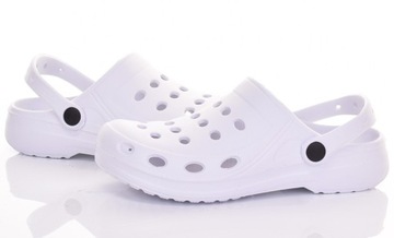 BIAŁE KLAPKI DAMSKIE Z PIANKI KROKSY SOLIDNE BUTY MEDYCZNE DO OGRODU DOMU