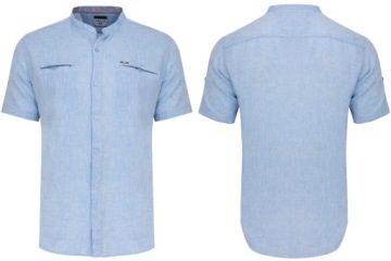 РУБАШКА МУЖСКАЯ ЛЬНЯНАЯ, С ВОРОТНИКОМ-СТОЙКОЙ, ГОЛУБАЯ СИНЯЯ: 3XL
