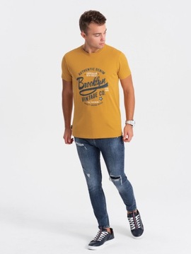 T-shirt męski bawełniany z nadrukiem musztardowy V1 OM-TSPT-0168 M