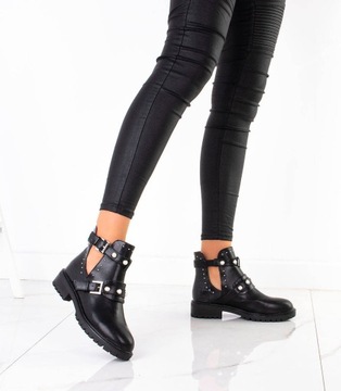 7204 CZARNE SKÓRZANE BOTKI SZTYBLETY WYCIĘCIA 41