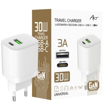 SZYBKA ŁADOWARKA SIECIOWA USB-C USB-A 30W 3A QUICK CHARGE