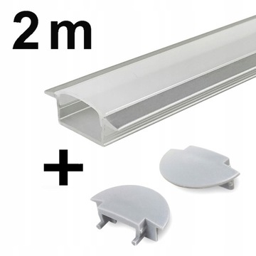 Profil LED aluminiowy WPUSZCZANY do taśm led + KLOSZ + ZAŚLEPKI srebro 2m