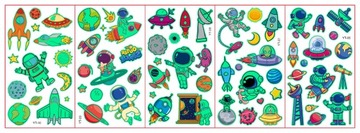 TATUAŻE ZMYWALNE KALKOMANIE ŚWIECĄCE W CIEMNOŚCI ASTRONAUCI KOSMOS 5 ARKU.