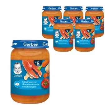 ZESTAW 6X GERBER OBIADEK BUKIET WARZYW Z ŁOSOSIEM W SOSIE POMIDOROWYM 190 G