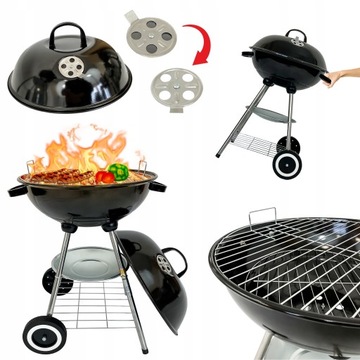 GRILL OGRODOWY WĘGLOWY OKRĄGŁY PRZENOŚNY NA KÓŁKACH POKRYWA RUSZT BBQ 1014