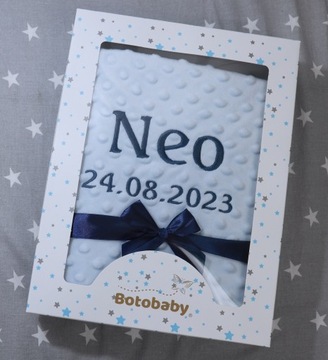 BotoBaby - Синий плед Minky с именем + картинкой + коробочка - ВЫШИВКА -