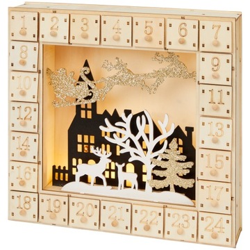 KALENDARZ ADWENTOWY DREWNO Z OŚWIETLENIEM LED BAŁWAN NA NARTACH
