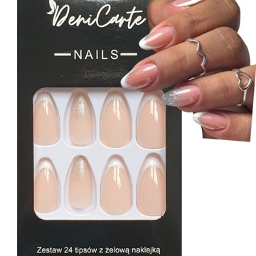 PAZNOKCIE SZTUCZNE TIPSY ALMOND FRENCH SREBRNE SAMOPRZYLEPNE 24SZT