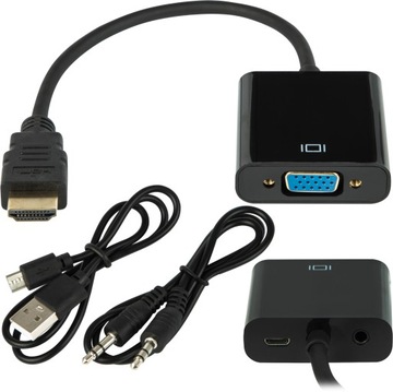 ADAPTER PRZEJSCIÓWKA WTYK KONWERTER HDMI - VGA D-SUB 15PIN KABEL HD AUDIO