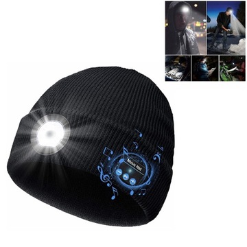Czapka Zimowa z Lampką Czołową LED i słuchawką Bluetooth Ładowanie USB