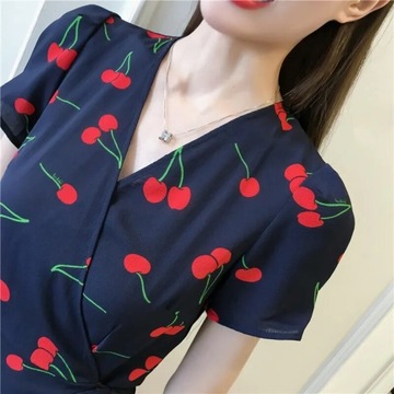 Plus Size Women Dress Cherry Print Short Sleeve Vi
