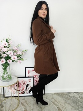 KLSYCZNY JESIENNY DŁUGI PŁASZCZ Z PASKIEM BRĄZOWY