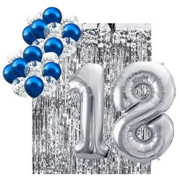 Zestaw KURTYNA srebrna balony niebieskie 18 lat