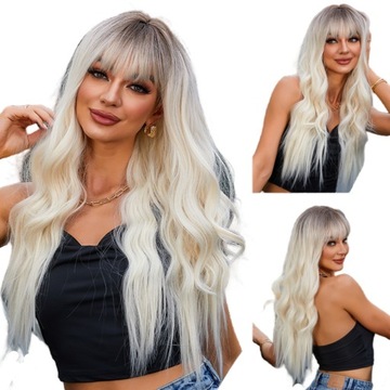 Peruka Blond Ombre Długa Włosy Fale Naturalny Z Grzywką