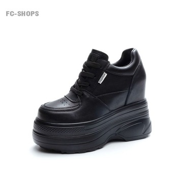 Czarny SNEAKERSY NA KOTURNIE I PLATFORMIE SKÓRA NATURALNA CNF87 - 40