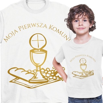 T-SHIRT KOSZULKA BIAŁA KOMUNIJNA PIERWSZA KOMUNIA PREZENT ROZMIAR 140 146