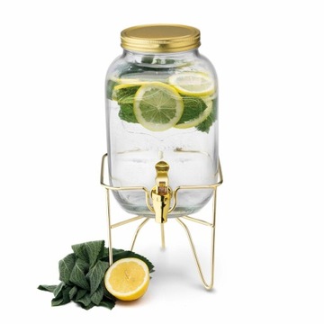 Szklany SŁOIK z KRANIKIEM słój na lemoniadę wodę napoje 4L + STOJAK ZŁOTY