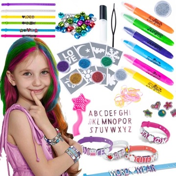Набор именных браслетов + красочные блестящие татуировки для волос для детей
