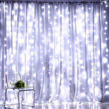 KURTYNA ŚWIETLNA LAMPKI 300 LED 3x3m SOPLE WISZĄCE GIRLANDA DRUCIKI BIAŁY