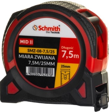 SCHMITH MIARA TAŚMA METRÓWKA MIARKA ZWIJANA 7,5m x 25mm MAGNES KARABIŃCZYK