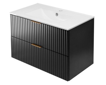 Szafka Łazienkowa Wisząca z Umywalką 80 Czarny Zestaw RYFLOWANY front MDF