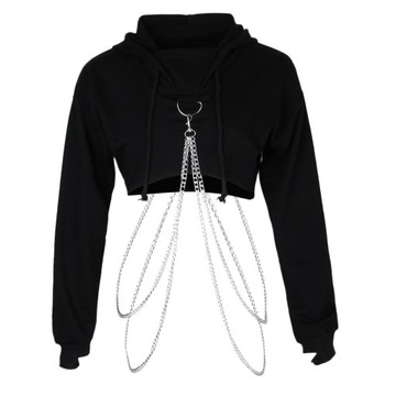 Damskie bluzy z kapturem z dziurami Bandaż Metalowy łańcuszek Crop L