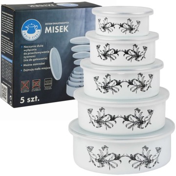 MISKI EMALIOWANE Z POKRYWĄ MISECZKI POJEMNIKI 5SZT