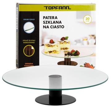 PATERA SZKLANA OKRĄGŁA NA CIASTO OWOCE TACA OBROTOWA 30CM CZARNA NÓŻKA 7CM