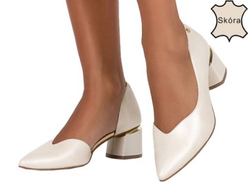 CZÓŁENKA SKÓRZANE NA NISKIM OZDOBNYM OBCASIE r 35