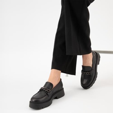 BUTY DAMSKIE Półbuty MOKASYNY wsuwane GRUBA PODESZWA czarne Wojas r. 36