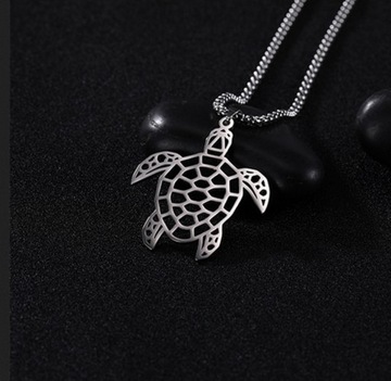 NASZYJNIK, srebrny ŻÓŁW, TURTLE, AŻUR, stal, 60 cm