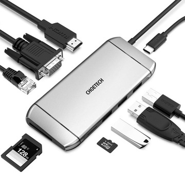 HUB USB-C HDMI 4K VGA RJ4 USB 3.0 9w1 CHOETECH