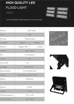 Светодиодный спортивный прожектор 300 Вт для фасада стадиона