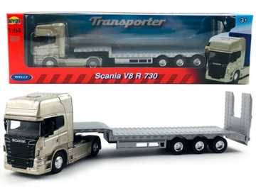 TIR SCANIA V8 R730 LAWETA SREBRNA MODEL WELLY 1:64