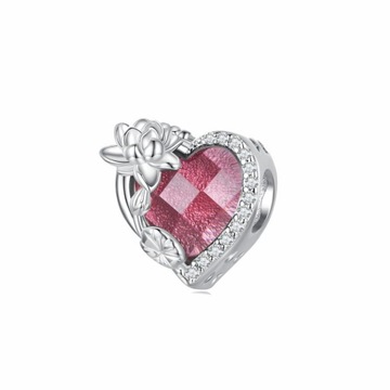 Charms ORNAMO Serce z różowego kamienia Kwiat Cyrkonia biała Srebro pr.925