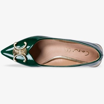 BALERINY LAKIEROWANE DAMSKIE Z OZDOBĄ NA NISKIM OBCASIE WKŁADKA SKÓRA r 36