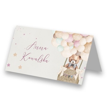 Winietki 6szt Chrzest Wesele Urodziny Miś Boho Pink